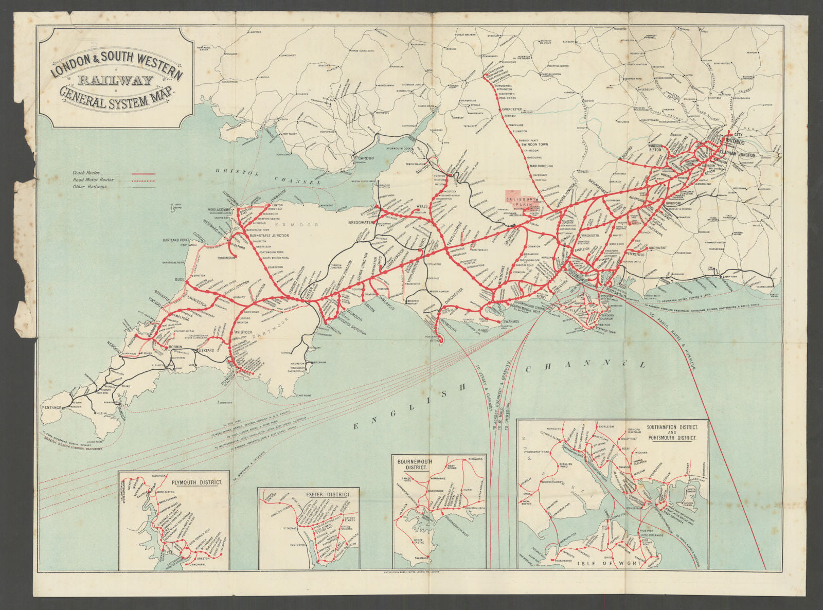 London & South Western Railway General System Map c1910 old antique chart